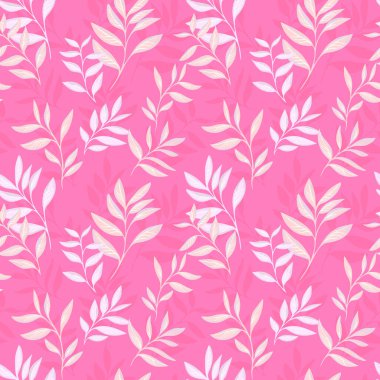 Nazik el yapımı yumuşak pastel yeşil ve beyaz yaprakları parlak pembe arka planda kusursuz botanik vektör deseni. Tekstil, duvar kâğıtları, kırtasiye, markalaşma, paketleme için tasarımlar