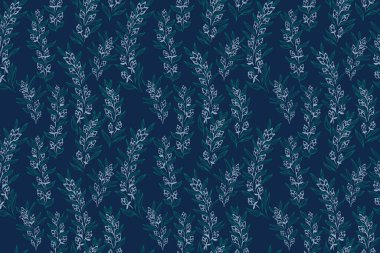 Derin bir donanma arka planında el yapımı yapraklı dallar ve küçük çiçek tomurcukları olan kusursuz bir vektör deseni. Tekstil, ambalaj, duvar kağıtları ve markalaşma için şablon