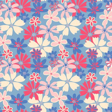 Açık arkaplanda pembe, krem, kırmızı ve mavi renkli çiçeklerle kusursuz vektör deseni. Tekstil, dekor ve ambalaj için parlak botanik tasarımı