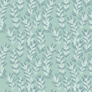 Hassas sanat dalları ve yumuşak yeşil arka planda minik yaprakları olan kusursuz bir vektör deseni. Tekstil, duvar kağıdı ve ambalaj için zarif botanik tasarımı