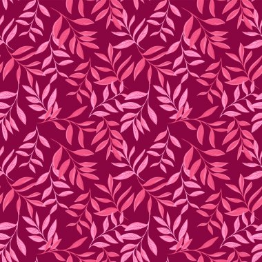 Zarif el yapımı yaprakları ve pembe gölgeli dalları olan kusursuz bir vektör deseni var. Tekstil, duvar kâğıtları, ambalaj, kırtasiye, davetiyeler için tasarımlar