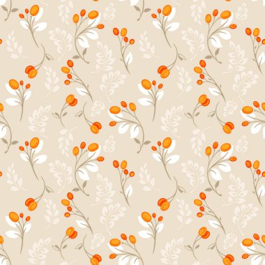 Zarif turuncu böğürtlen ve yumuşak bej arka planda beyaz yapraklı kusursuz vektör deseni. Kumaş, duvar kağıdı, ambalaj ve ambalaj için şık botanik tasarımı
