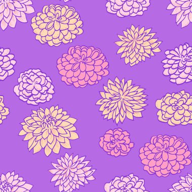 Yumuşak pembe, şeftali rengi ve parlak mor arka planda sarı tonlarda el kasımpatıları içeren kusursuz çiçek deseni. Kumaş ve dekor için zarif botanik tasarımı