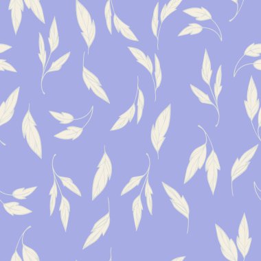 Yumuşak, pürüzsüz vektör desenli ve pastel lavanta arkaplanlı krema yapraklı. Kumaş, duvar kağıdı, ambalaj ve kırtasiye için şık botanik tasarımı