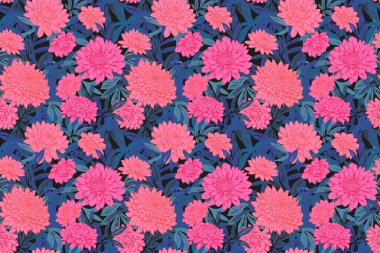 Zarif, pürüzsüz çiçek desenli pembe kasımpatılar ve koyu arkaplanda gür mavi yapraklar. Tekstil, duvar kağıtları, moda için dekoratif tasarımlar,