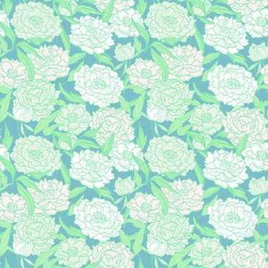 Yumuşak, pürüzsüz çiçek desenli, el çizimi şakayıklar ve soluk mavi arka planda yeşil yapraklar. Kumaş, duvar kağıdı ve dekor için hassas pastel botanik tasarımı