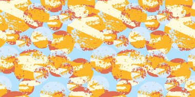 Açık mavi arkaplanda sarı, bej ve kahverengi tonlarda desenli dairesel şekilli kusursuz vektör soyut deseni. Kumaş ve dekor için modern sanatsal geometrik tasarım