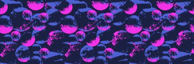 Lekesiz vektör soyut şablonu, koyu donanma arka planında neon pembe ve mavi dokulu dairesel şekiller. Moda, kumaş ve dekor için modern geometrik tasarım