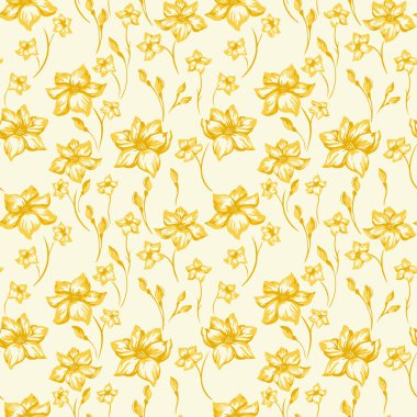 Elle çizilmiş altın çiçekleri ve tomurcukları olan kusursuz bir çiçek deseni. Kumaş, ambalaj ve ev dekorasyonu projeleri için şık botanik tasarımı