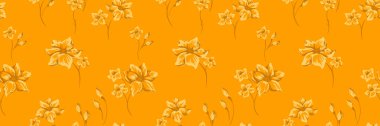 Zarif fırça tarzı çiçeklerle turuncu arka planda ılık sarı tonlarda kusursuz çiçek deseni. Kumaş, duvar kağıdı ve ambalaj için modern minimal botanik tasarımı