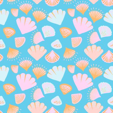 Parlak mavi arka planda pastel kabuklu kusursuz vektör deseni. Eğlenceli deniz tasarımı yaz ürünleri, çocuk tekstili, plaj dekorasyonu, ambalaj kağıdı ve mayo için mükemmel.