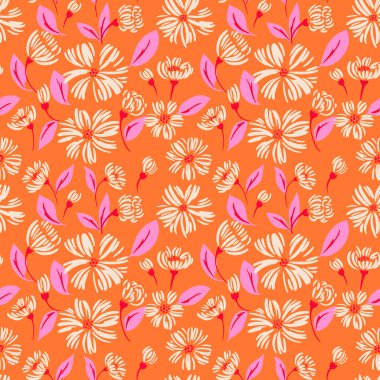 Kusursuz çiçek desenli, krema çiçekli ve turuncu arkaplanda pembe yapraklı. Tekstil, ambalaj ve bahar dekorasyonu için parlak botanik tasarımı