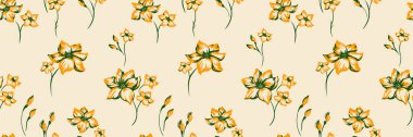 Sarı el çizilmiş çiçekler ve açık bej arka planda yeşil yapraklarla zarif, klasik, dikdörtgen desenli bir çiçek deseni. Kumaş, duvar kağıdı, ambalaj kağıdı ve dekor için yaz tasarımı