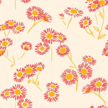 Elle çizilmiş papatya çiçeği, ılık mercan renginde ve yumuşak krem arka planda sarı tonlarda kusursuz vektör deseni. Tekstil, ambalaj ve dekor için neşeli organik çiçek tasarımı