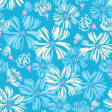 Şakacı elli kusursuz vektör deseni kremalı papatya çiçekleri açık mavi ve yumuşak pembe gökyüzü mavisi arka planda. Tekstil, ambalaj ve dekor için neşeli çiçek tasarımı