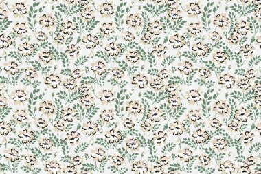 Bej ve beyaz çiçekli kusursuz vektör deseni, yeşil yapraklar ve açık arkaplan. Tekstil, ambalaj ve ev dekorasyonu için zarif botanik tasarımı