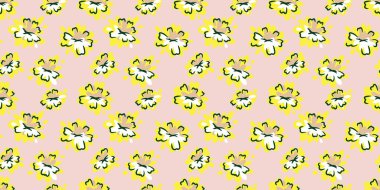 Soyut beyaz ve sarı çiçekli kusursuz vektör deseni yumuşak bej arka planda koyu yeşille çizilmiş. Kumaş, duvar kağıdı ve ambalaj için modern çiçek tasarımı