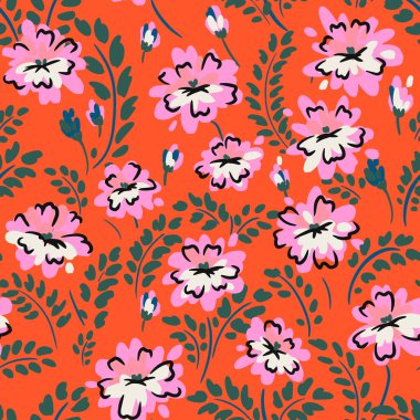 Pembe ve beyaz çiçekli kusursuz vektör deseni ve canlı mercan arka planında yeşil yapraklar. Kumaş, ambalaj ve ev dekorasyonu için kalın el çizimi botanik tasarımı
