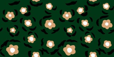 Koyu yeşil arka planda bej çiçekli ve siyah fırça aksanlı kusursuz vektör deseni. Moda tekstil ve baskıları için modern çiçek soyut tasarımı