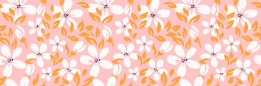 Beyaz soyut çiçekli kusursuz vektör deseni ve yumuşak pembe arka planda turuncu yapraklar. Kumaş, ambalaj ve ev dekorasyonu için modern ve eğlenceli tasarım