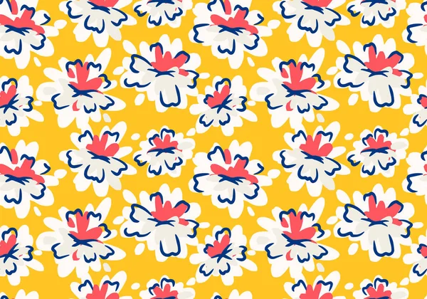Hardal sarısı arka planda donanmayla özetlenmiş beyaz ve mercan soyut çiçekleriyle kusursuz vektör deseni. Kumaş, moda ve ev dekorasyonu için cesur modern çiçek tasarımı