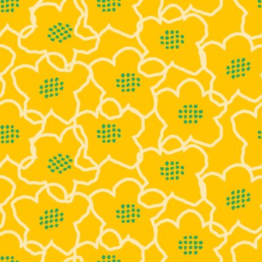 Soyut sarı çiçekleri, yumuşak bej çizgileri ve yeşil merkezleri olan kusursuz vektör deseni. Tekstil, ambalaj ve ev dekorasyonu için parlak modern botanik tasarımı