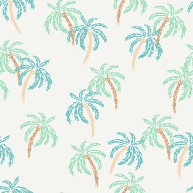 Açık bej arka planda yumuşak yeşil ve turkuaz palmiye ağaçlarıyla kusursuz tropikal vektör deseni. Yaz tekstil, duvar kağıtları ve ambalaj için zarif ve taze tasarım.