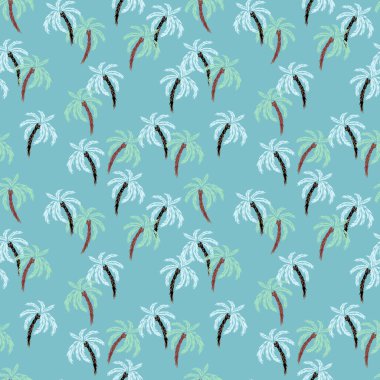 Nane yeşili palmiye ağaçları, açık mavi ve kahverengi yumuşak deniz mavisi arkaplanlı kusursuz tropikal vektör deseni. Yaz kumaşları, plaj giysileri ve tropikal tasarım projeleri için tasarımlar.