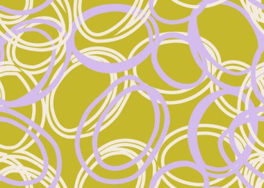 Hardal zemininde eflatun ve krema ile üst üste çizilmiş el çizimleri ile kusursuz soyut vektör deseni. Kumaş, ambalaj ve dekor için modern geometrik tasarım