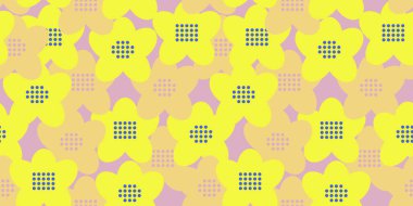 Yumuşak lavanta arka planında koyu sarı ve bej renkli geometrik çiçekleri olan kusursuz vektör deseni. Kumaş, ambalaj kağıdı ve ev dekorasyonu için modern soyut tasarım