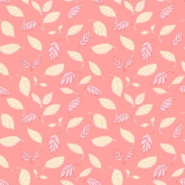 Mercan pembe zemin üzerinde pastel el el çizilmiş kusursuz vektör deseni. Kumaş, ambalaj kağıdı, duvar kağıdı ve mevsimlik dekor için zarif botanik tasarımı