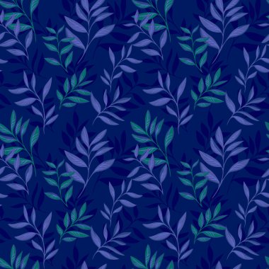 Koyu bir donanma arka planında mavi ve yeşil tonlarında zarif botanik yaprakları olan kusursuz vektör deseni. Tekstil, duvar kağıdı, ambalaj ve