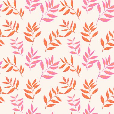 Yumuşak krema arka planında parlak turuncu ve pembe yapraklı dalları olan kusursuz bir vektör deseni. Tekstil, duvar kağıtları, ambalaj ve baskılar için modern botanik tasarımı