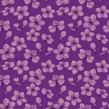 Derin mor arka planda narin leylak çiçekleri olan kusursuz vektör deseni. Kumaş, duvar kağıdı, ambalaj ve yüzey izleri için zarif botanik tasarımı