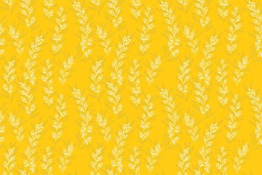 Narin botanik dalları ve sarı arka planda minik çiçekleri olan kusursuz bir vektör deseni. Yumuşak yeşil yapraklı el çizimi minimalist çiçek tasarımı. Tekstil, duvar kağıtları, ambalaj için ideal.