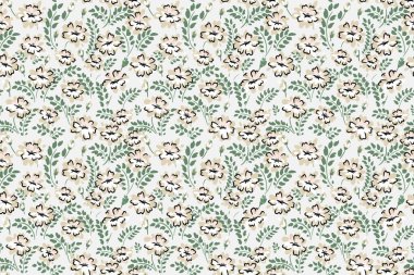 Bej ve beyaz çiçekli kusursuz vektör deseni, yeşil yapraklar ve açık arkaplan. Tekstil, ambalaj ve ev dekorasyonu için zarif botanik tasarımı