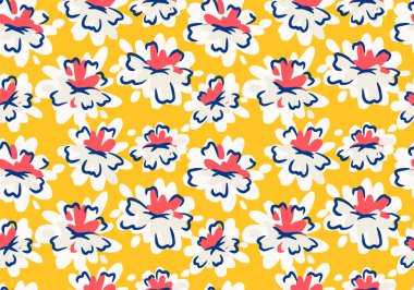 Hardal sarısı arka planda donanmayla özetlenmiş beyaz ve mercan soyut çiçekleriyle kusursuz vektör deseni. Kumaş, moda ve ev dekorasyonu için cesur modern çiçek tasarımı