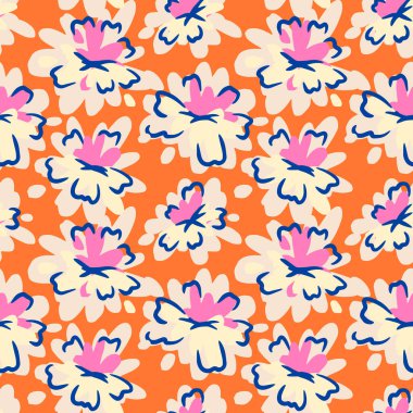 Soyut krem ve pembe çiçekli kusursuz vektör deseni parlak turuncu arka planda lacivert renkte. Tekstil, dekor ve ambalaj için modern çiçek tasarımı
