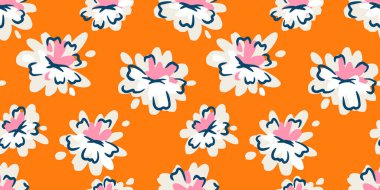Soyut beyaz ve pembe çiçeklerle donanmada belirgin turuncu arkaplanda kusursuz bir vektör deseni. Tekstil, moda ve ev dekorasyonu için modern çiçek tasarımı