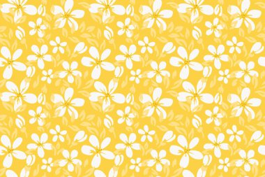 Beyaz soyut çiçekli kusursuz vektör deseni ve altın arkaplanda açık sarı yapraklar. Kumaş, ambalaj ve dekor için parlak, zarif ve modern tasarım.