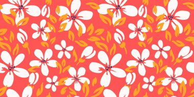 Beyaz soyut çiçekleri ve kırmızı mercan arka planında turuncu yaprakları olan kusursuz bir vektör deseni. Tekstil, ambalaj ve dekor için parlak, modern ve cesur tasarım