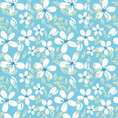 Beyaz soyut çiçekli kusursuz vektör deseni ve açık mavi arka planda yumuşak yeşil yapraklar. Tekstil, dekor ve ambalaj için taze, modern ve zarif tasarım