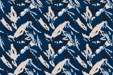 Donanma, mavi ve bej tonlarında dinamik fırça darbeleriyle kusursuz vektör soyut deseni. Modern kumaş ve dekor dışavurumculuğundan esinlenilmiş sanatsal dokuma tasarımı