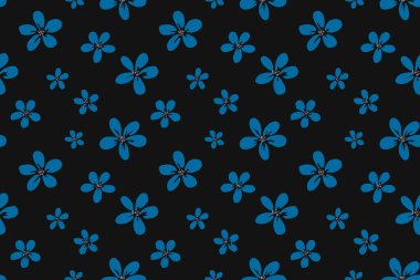 Siyah arka planda basit mavi çiçekli kusursuz vektör deseni. Kumaş, kırtasiye, ambalaj ve dekor için minimal, modern ve zarif tasarım