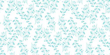 Narin el çizimi çiçek dalları olan kusursuz vektör deseni. Hafif turkuaz hat sanatı ve küçük çiçekler tekstil ve dekor için havadar, zarif bir botanik zemin oluşturur.