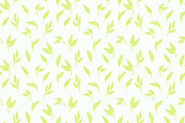 Açık arkaplanda elle çizilmiş yeşil yapraklı kusursuz vektör deseni. Ekolojik ambalaj, tekstil, duvar kağıdı için minimal ve taze botanik tasarımı