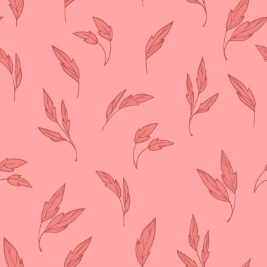 Pembe arka planda yumuşak kahverengi tonlarda el yapımı yapraklarla kusursuz vektör deseni, tekstil ve dekor için nazik, modern ve doğal bir botanik tasarımı yaratıyor.