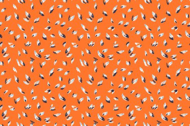 Parlak turuncu arka planda küçük soyut beyaz ve donanma yapraklı kusursuz vektör deseni. Tekstil, kırtasiye, ambalaj ve moda baskıları için modern botanik tasarımı