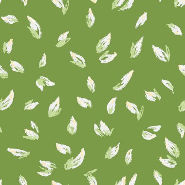 Zeytin yeşili arka planda yumuşak beyaz ve açık yeşil yapraklı kusursuz vektör deseni. Doğal kumaş, ambalaj ve ekolojik markalar için el yapımı botanik tasarımı