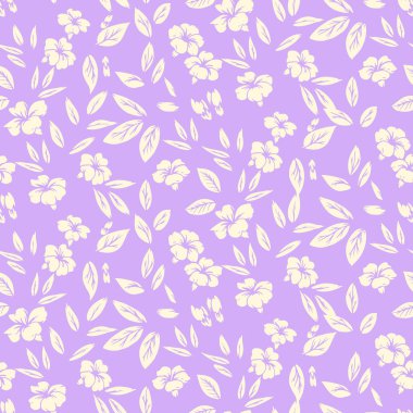 Dağılmış krema çiçekleri ve yumuşak lavanta arkaplanındaki yapraklarla kusursuz vektör deseni. Tekstil, kırtasiye ve dekor için minimal, zarif botanik tasarımı